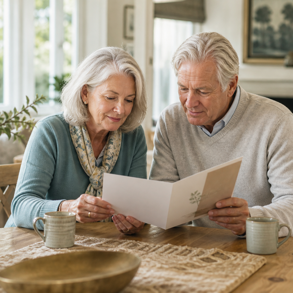 Older couple reviewing a thoughtfully targeted direct-mail piece together at home