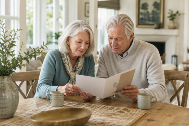 Older couple reviewing a thoughtfully targeted direct-mail piece together at home