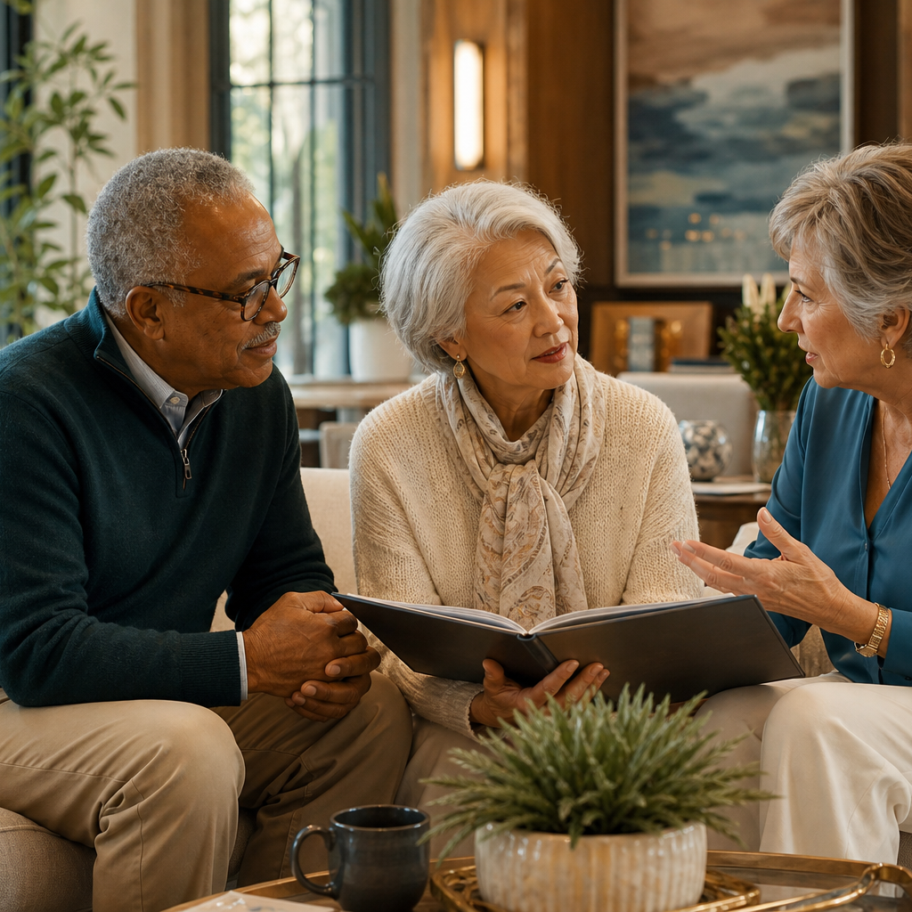 Older adults having a thoughtful planning conversation in an elegant senior-living setting