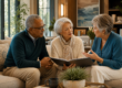 Older adults having a thoughtful planning conversation in an elegant senior-living setting