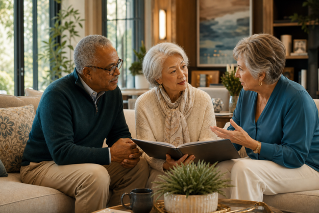 Older adults having a thoughtful planning conversation in an elegant senior-living setting