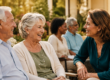 Senior living team member sharing a joyful conversation with an older couple