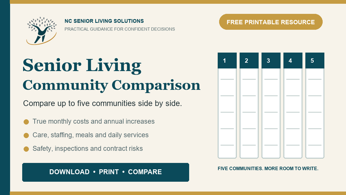 Free five-community Senior Living Comparison printable resource from NC Senior Living Solutions