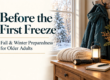 Before the First Freeze: fall and winter preparedness for older adults, illustrated with a blanket, raincoat, battery lantern and flashlight.