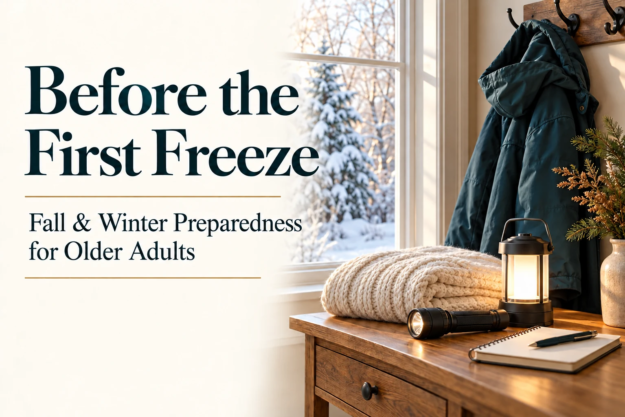 Before the First Freeze: fall and winter preparedness for older adults, illustrated with a blanket, raincoat, battery lantern and flashlight.