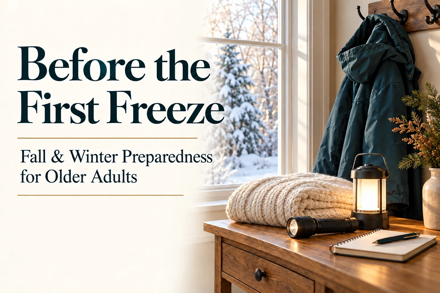 Before the First Freeze: fall and winter preparedness for older adults, illustrated with a blanket, raincoat, battery lantern and flashlight.