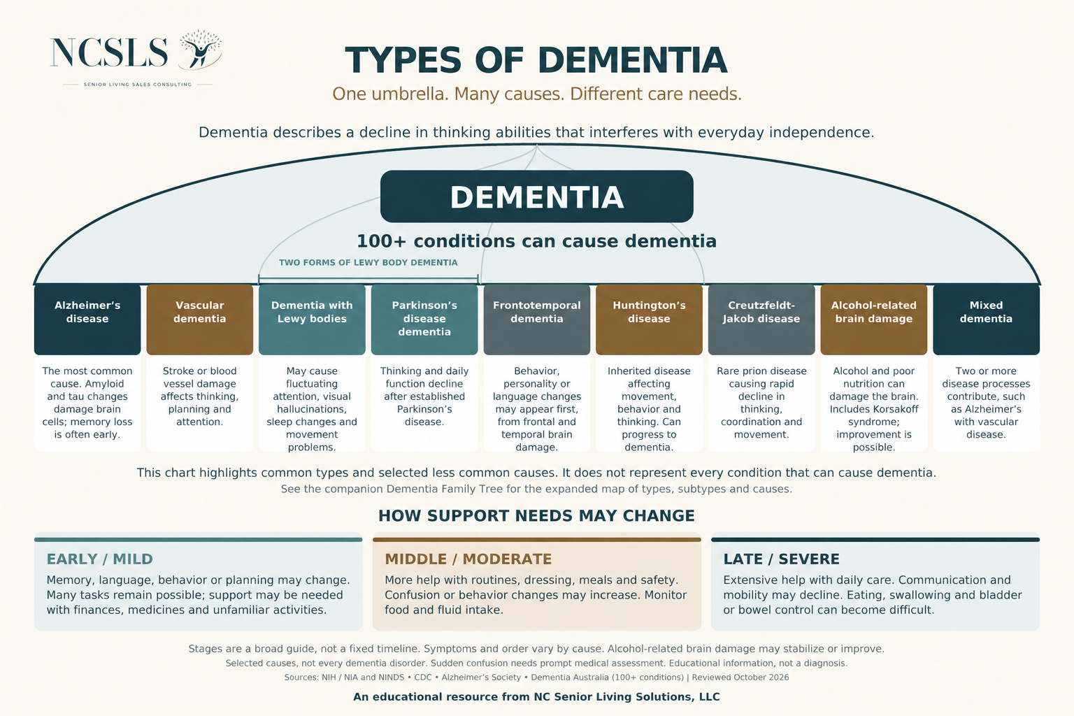 NC Senior Living Solutions umbrella graphic showing nine dementia types and causes, with early, middle and late stage support needs. More than 100 conditions can cause dementia.